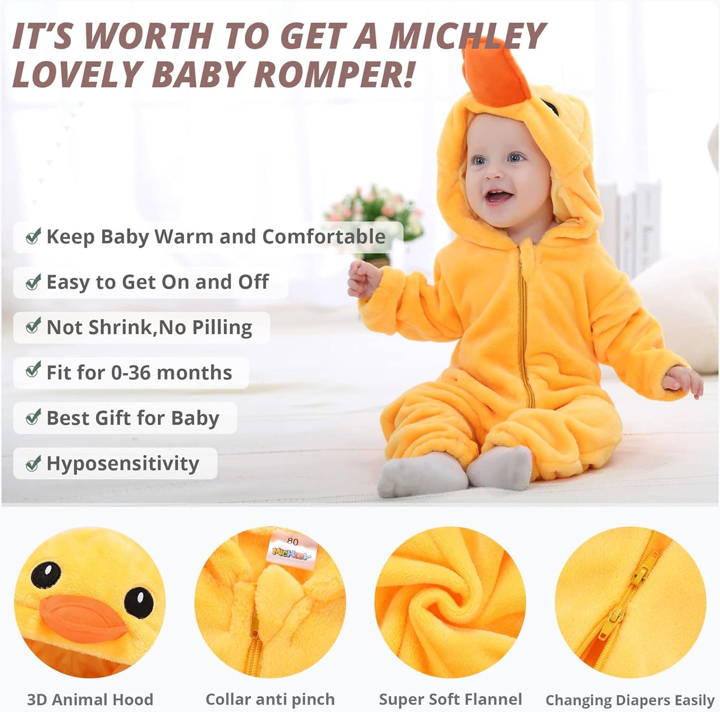 Unisex Baby Romper Winter and Autumn Flannel Jumpsuit Animal Cosplay Outfits Yellow-100Cm